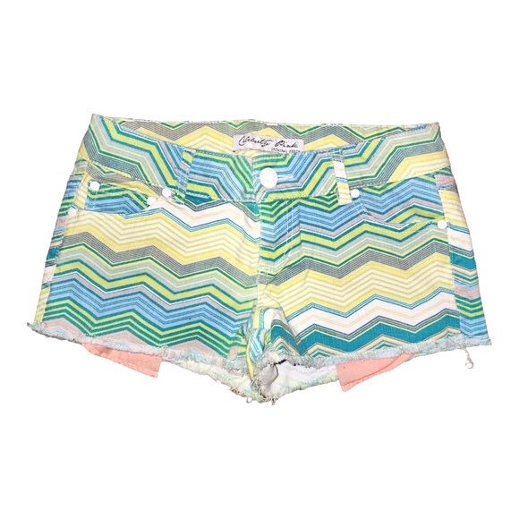 Celebrity Pink Green Yellow & Pink Chevron Print Frayed Edge Denim Shorts Size 3 - Picture 1 of 9